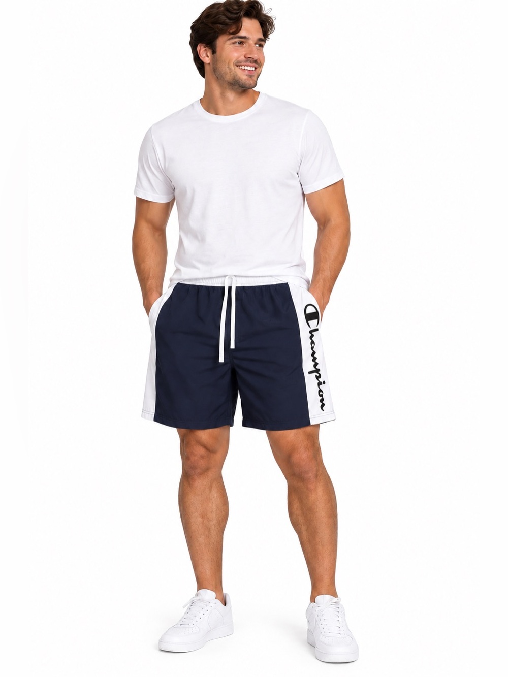Champion Navy and White Athletic Shorts with Side Logo